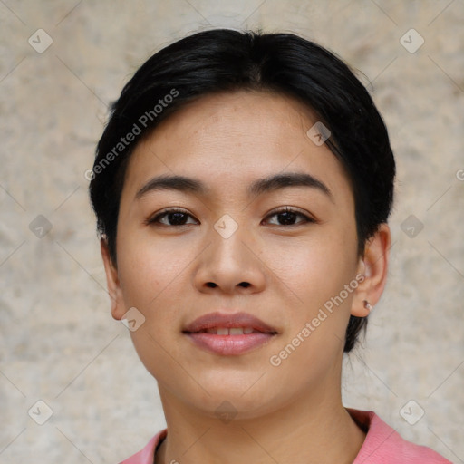 Neutral asian young-adult female with short  black hair and brown eyes