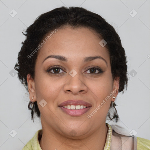 Joyful latino young-adult female with medium  brown hair and brown eyes