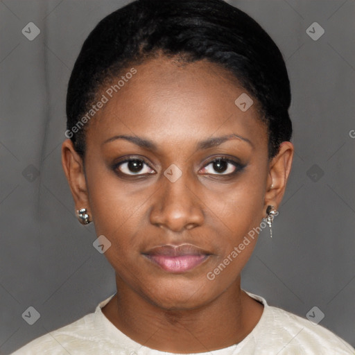 Neutral black young-adult female with short  black hair and brown eyes