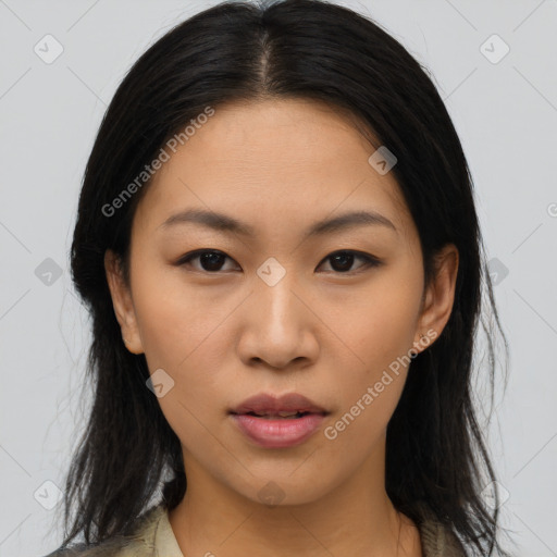 Neutral asian young-adult female with long  brown hair and brown eyes