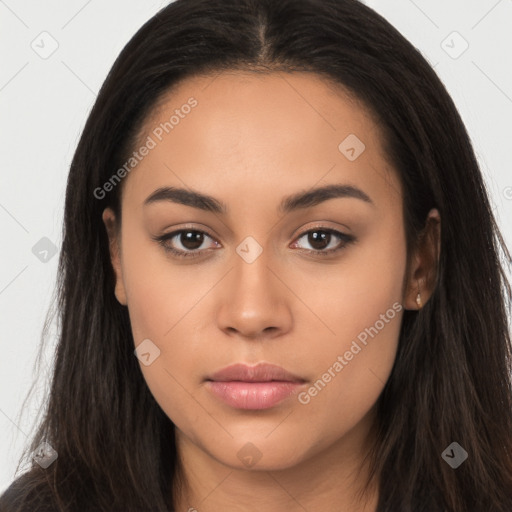 Neutral latino young-adult female with long  brown hair and brown eyes