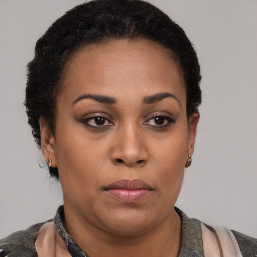 Neutral black young-adult female with short  black hair and brown eyes