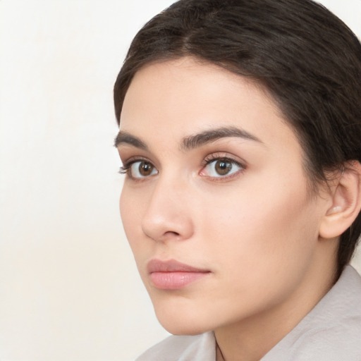 Neutral white young-adult female with medium  brown hair and brown eyes