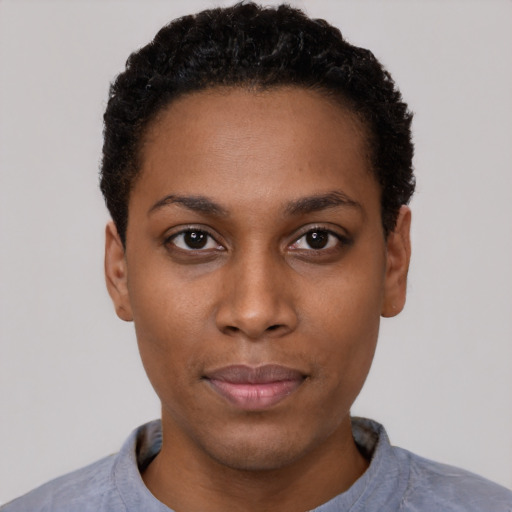Neutral black young-adult female with short  black hair and brown eyes