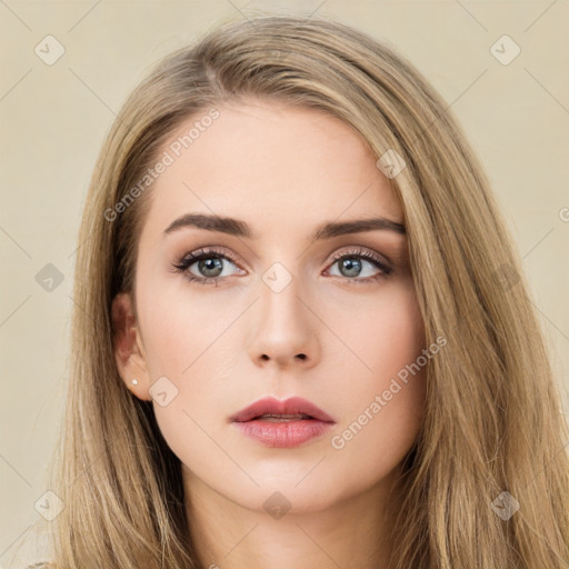 Neutral white young-adult female with long  brown hair and brown eyes