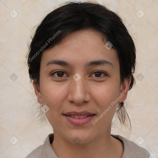 Joyful asian young-adult female with short  brown hair and brown eyes