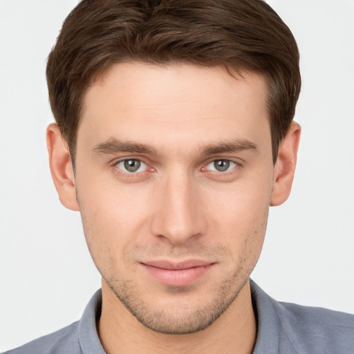 Neutral white young-adult male with short  brown hair and brown eyes