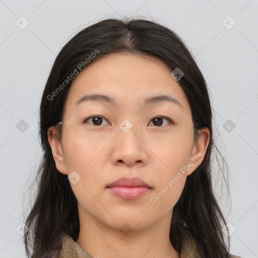 Neutral asian young-adult female with medium  brown hair and brown eyes