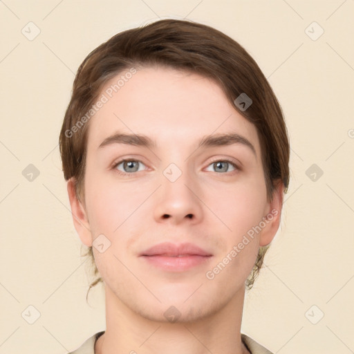 Neutral white young-adult male with short  brown hair and grey eyes