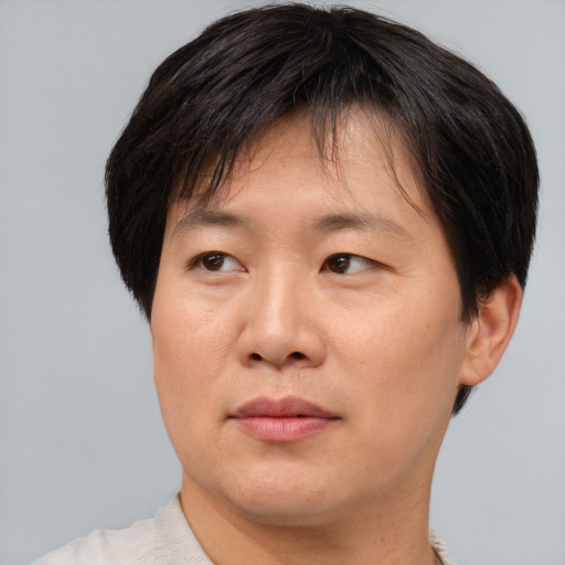 Joyful asian adult male with short  brown hair and brown eyes