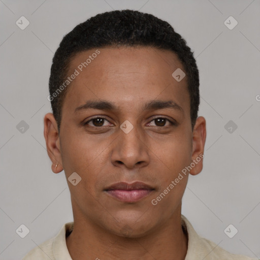 Neutral latino young-adult male with short  brown hair and brown eyes