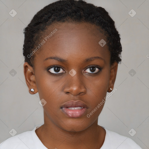 Neutral black young-adult female with short  brown hair and brown eyes