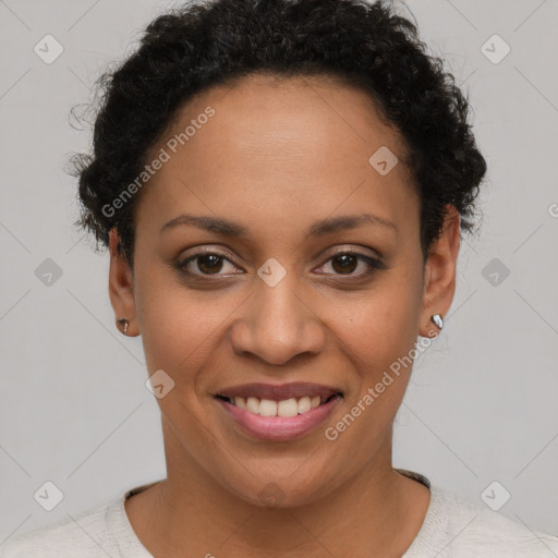 Joyful latino young-adult female with short  brown hair and brown eyes