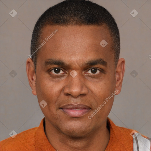 Joyful black young-adult male with short  brown hair and brown eyes