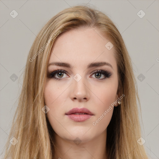 Neutral white young-adult female with long  brown hair and brown eyes