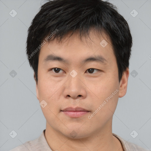 Neutral asian young-adult male with short  brown hair and brown eyes