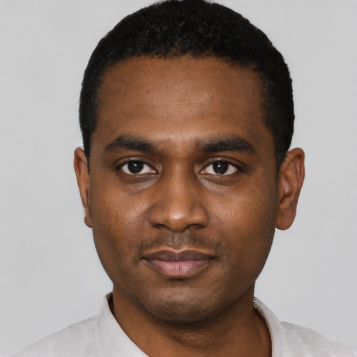 Neutral black young-adult male with short  black hair and brown eyes