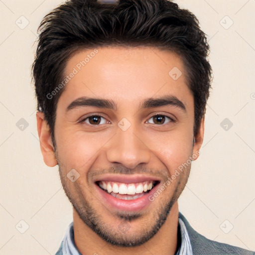 Joyful white young-adult male with short  black hair and brown eyes