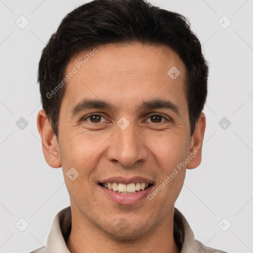 Joyful white young-adult male with short  brown hair and brown eyes