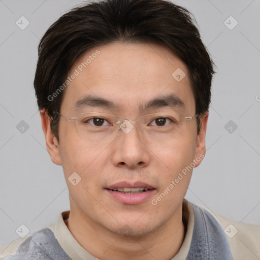 Joyful asian young-adult male with short  brown hair and brown eyes