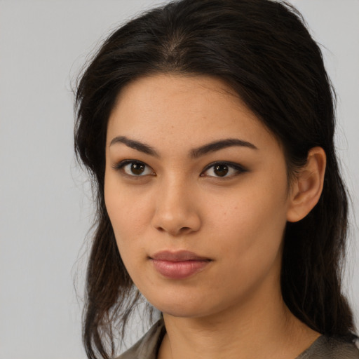 Neutral asian young-adult female with long  brown hair and brown eyes
