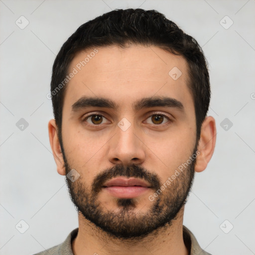 Neutral latino young-adult male with short  black hair and brown eyes