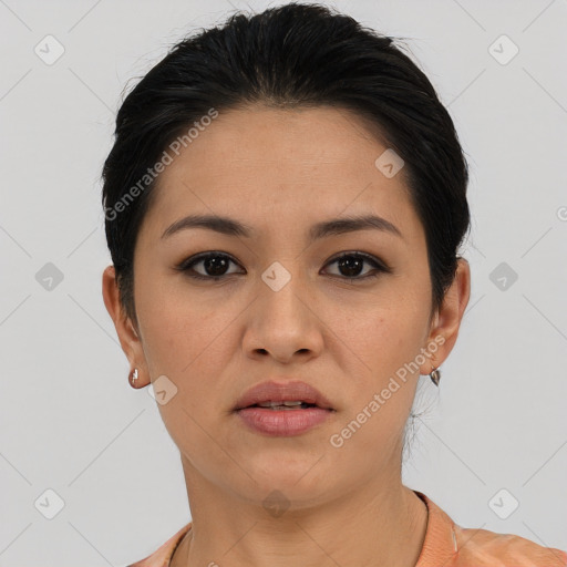 Joyful asian young-adult female with short  black hair and brown eyes