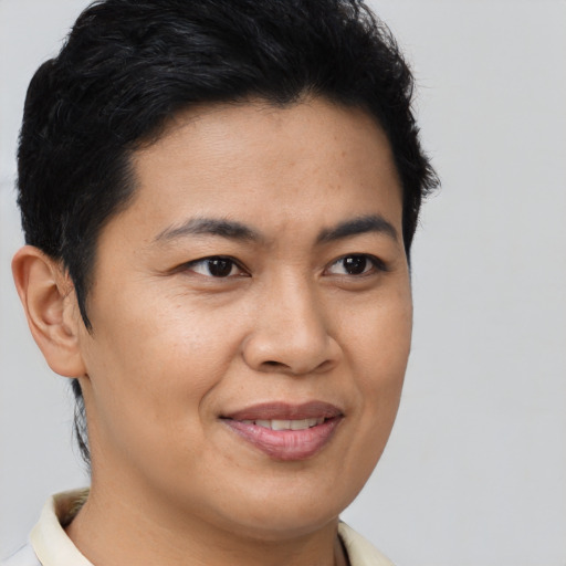 Joyful latino young-adult male with short  brown hair and brown eyes