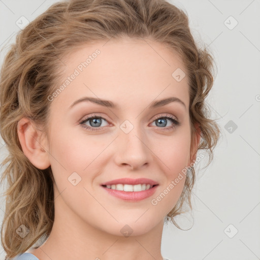 Joyful white young-adult female with medium  brown hair and green eyes