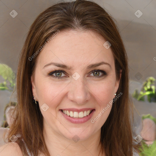 Joyful white young-adult female with medium  brown hair and green eyes