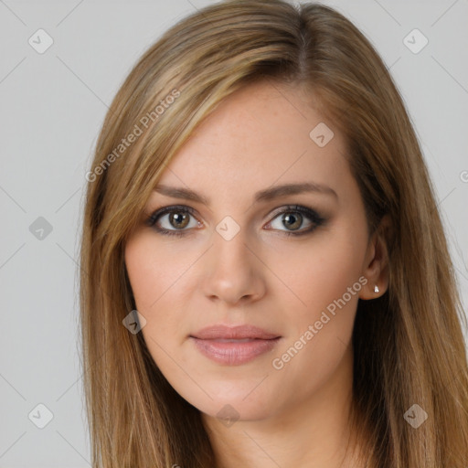 Neutral white young-adult female with long  brown hair and brown eyes