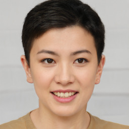 Joyful asian young-adult female with short  brown hair and brown eyes