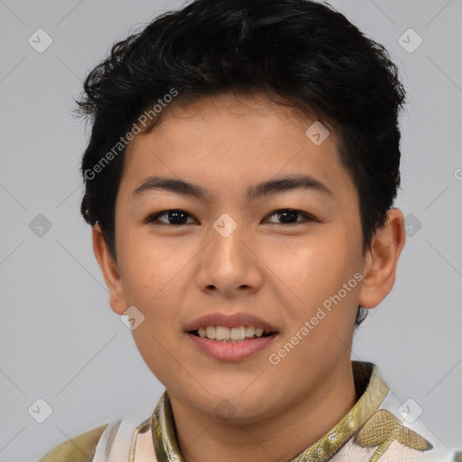 Joyful latino young-adult female with short  black hair and brown eyes
