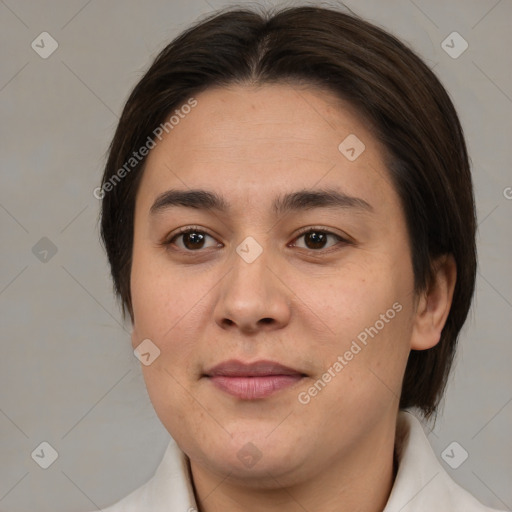 Joyful white young-adult female with medium  brown hair and brown eyes