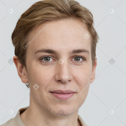 Joyful white young-adult female with short  brown hair and grey eyes