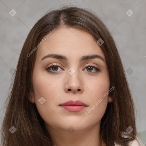 Neutral white young-adult female with long  brown hair and brown eyes