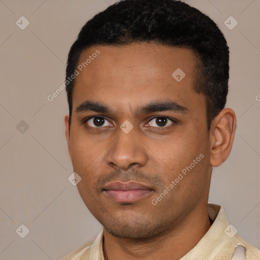 Neutral latino young-adult male with short  black hair and brown eyes