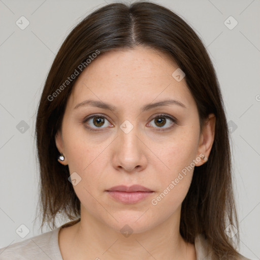 Neutral white young-adult female with medium  brown hair and brown eyes