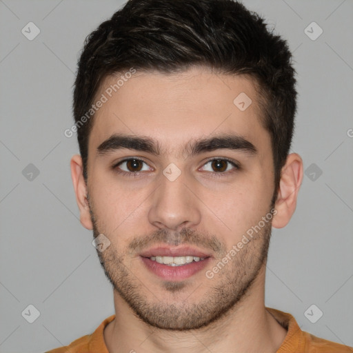 Joyful white young-adult male with short  brown hair and brown eyes