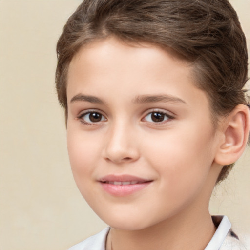 Joyful white child female with medium  brown hair and brown eyes