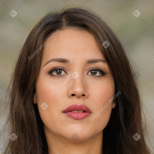 Neutral white young-adult female with long  brown hair and brown eyes