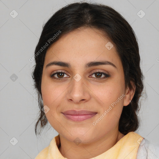 Joyful latino young-adult female with medium  brown hair and brown eyes