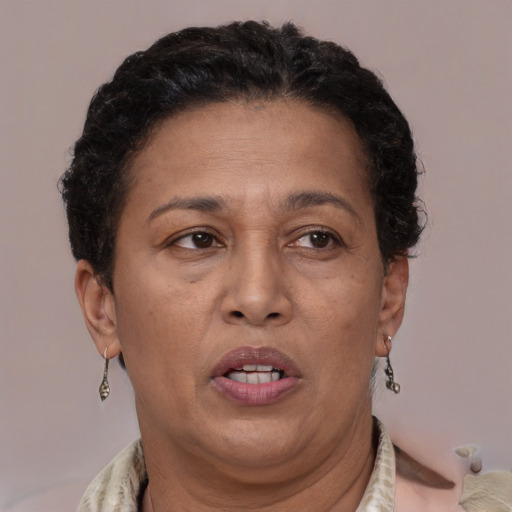 Joyful latino adult female with short  brown hair and brown eyes