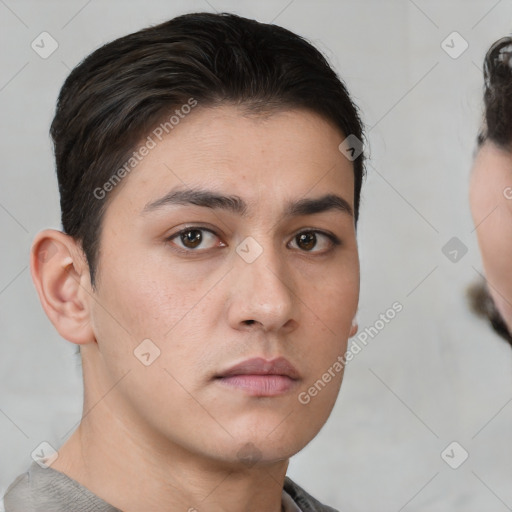 Neutral white young-adult male with short  brown hair and brown eyes