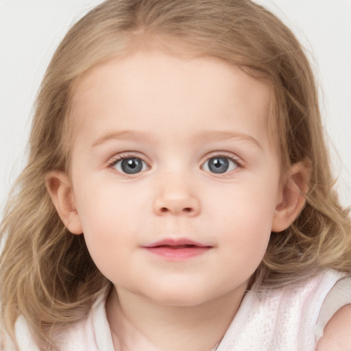 Neutral white child female with medium  brown hair and blue eyes