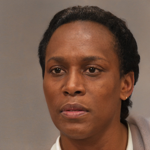 Neutral black young-adult female with short  brown hair and brown eyes