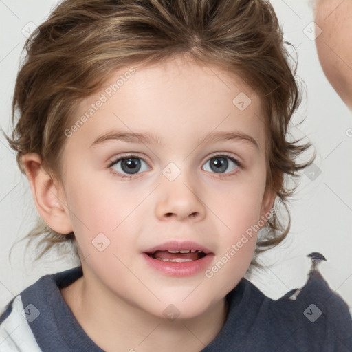 Joyful white child female with medium  brown hair and blue eyes