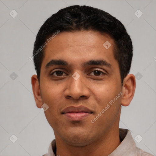 Joyful latino young-adult male with short  black hair and brown eyes