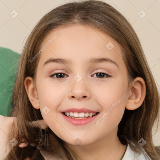 Joyful white child female with medium  brown hair and brown eyes