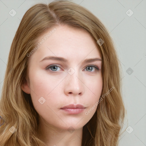 Neutral white young-adult female with long  brown hair and grey eyes